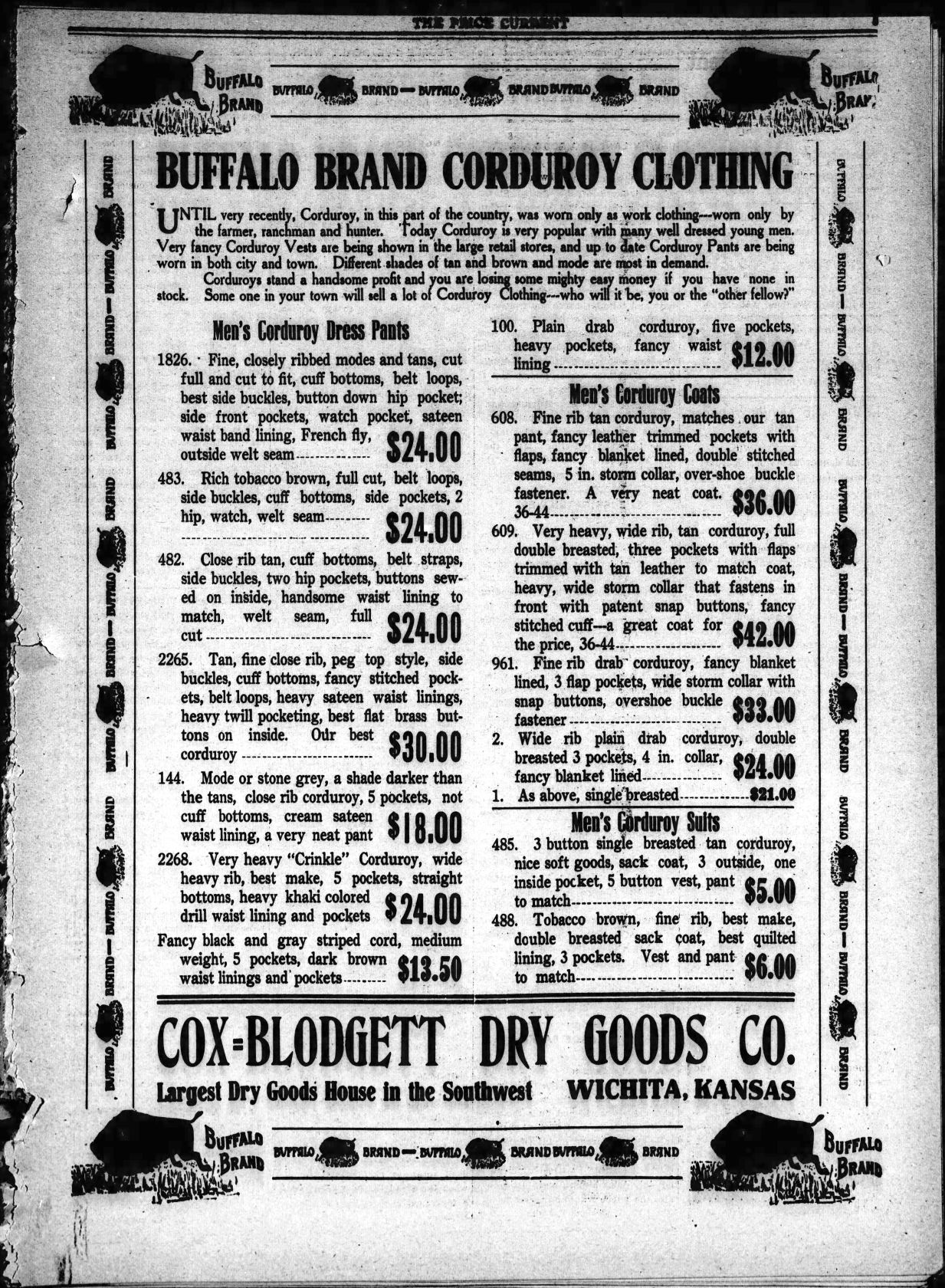 A 1908 newspaper shows an advertisement for Buffalo Brand Corduroy Clothing